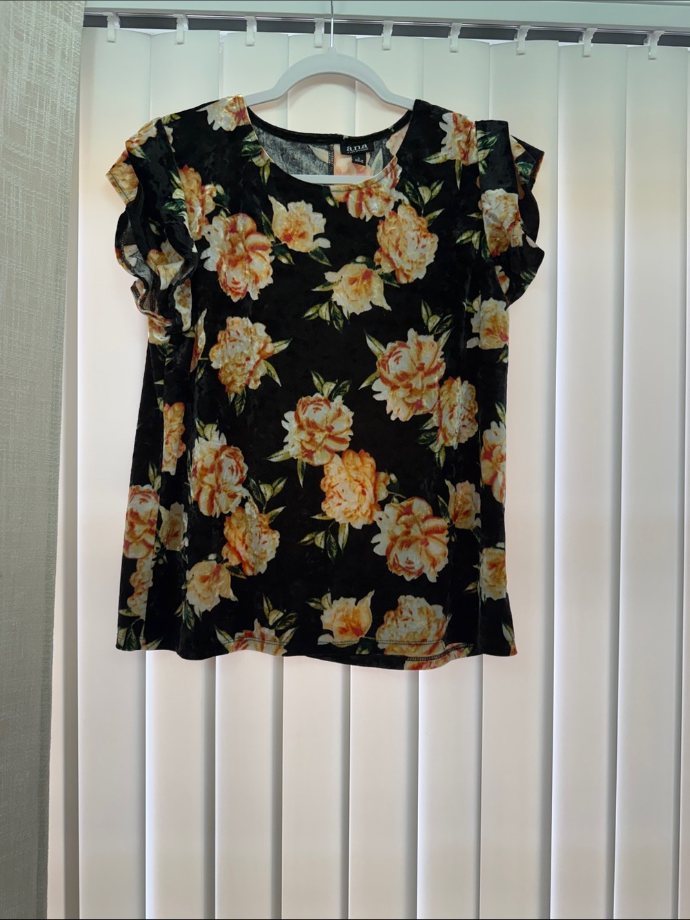 Black velvet Floral Ruffle Sleeve Blouse with Yellow Roses